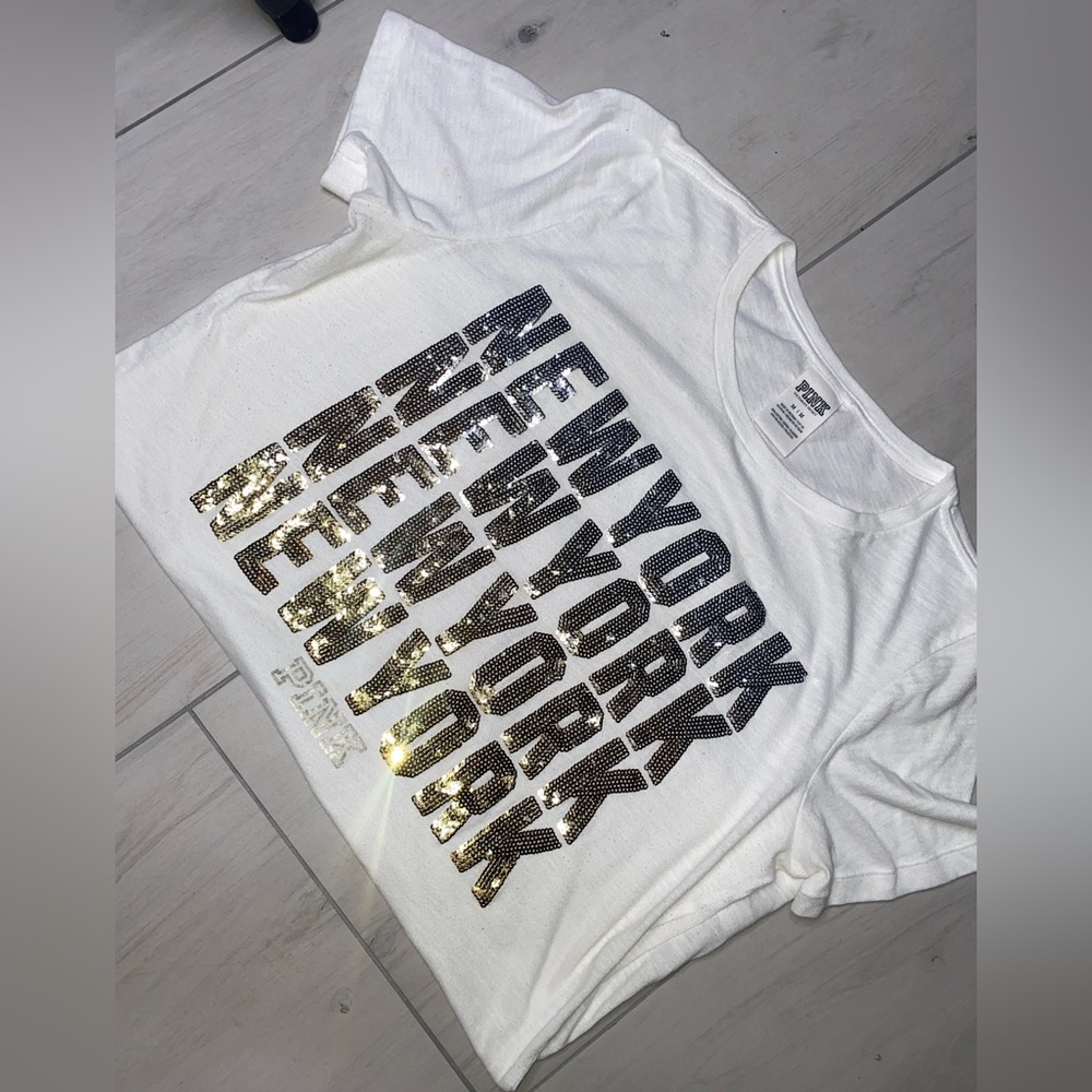 PINK Victoria's Secret White Tee with Silver Sequin Design